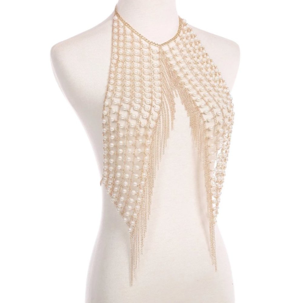 Gold Faux Pearl Chain Tassel Body Jewelry Rave Halter Crop Top - Picture 7 of 10